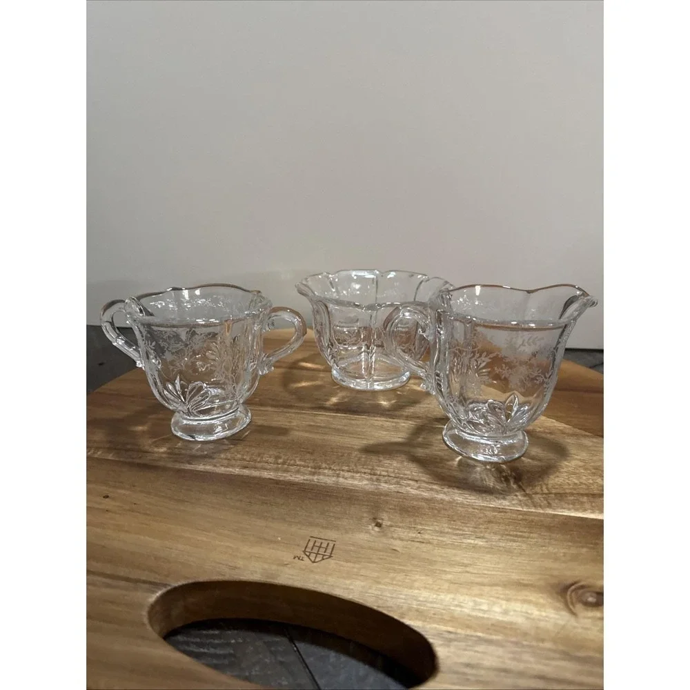 Vintage Etched‎ Glass Creamer Sugar Bowl Set Floral Cottagecore 3 piece